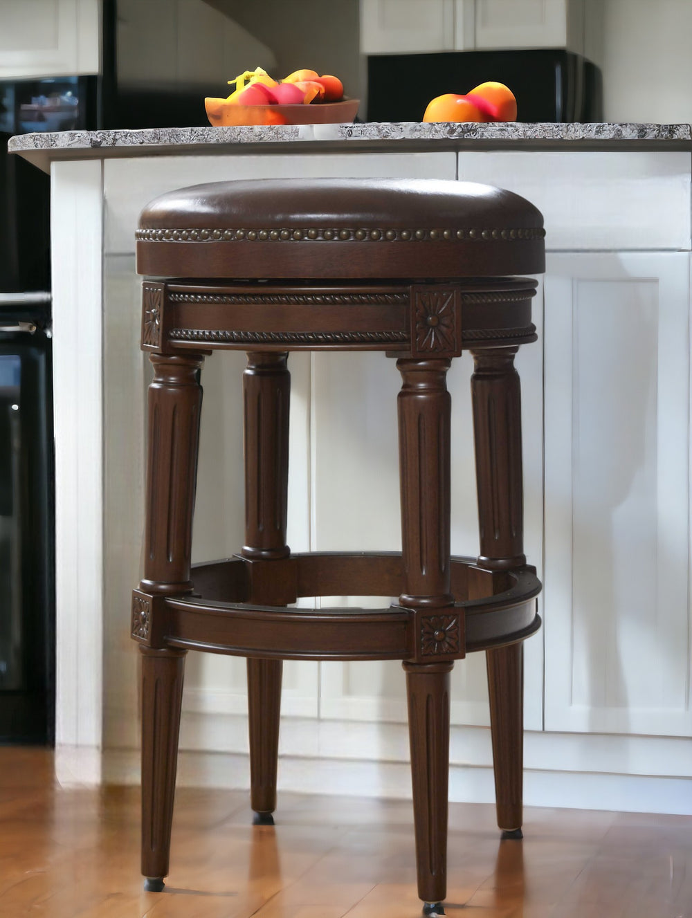 31" Wood Brown Faux Leather And Solid Wood Swivel Backless Counter Height Bar Chair - Homeroots - Flyclothing LLC