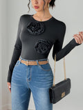 Perfee Flower Round Neck Long Sleeve Bodysuit - Trendsi