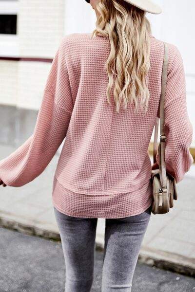 Devine Waffle-Knit V-Neck Long Sleeve Top - Trendsi - Flyclothing LLC