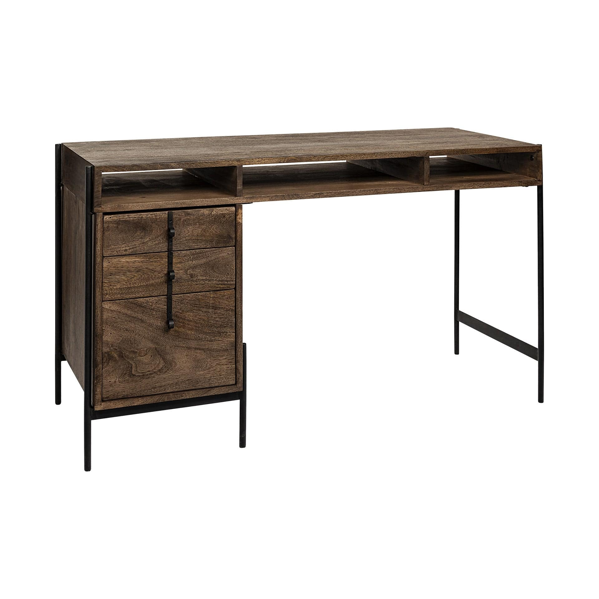 Medium Brown Wooden Writing Desk With 3 Drawers And 3 Open Shelves - Homeroots