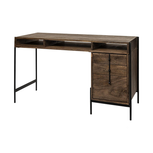 Medium Brown Wooden Writing Desk With 3 Drawers And 3 Open Shelves - Homeroots