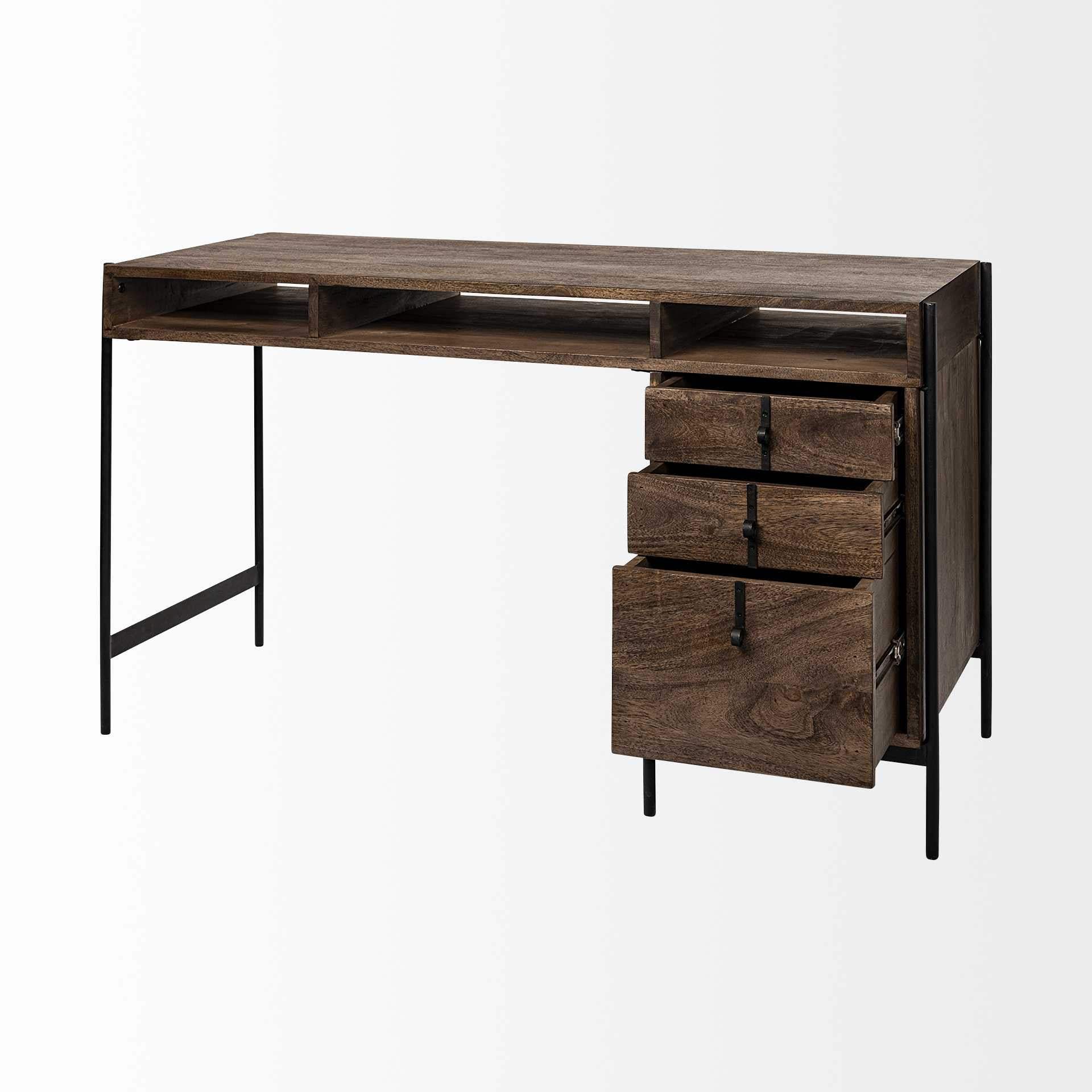 Medium Brown Wooden Writing Desk With 3 Drawers And 3 Open Shelves - Homeroots - Flyclothing LLC