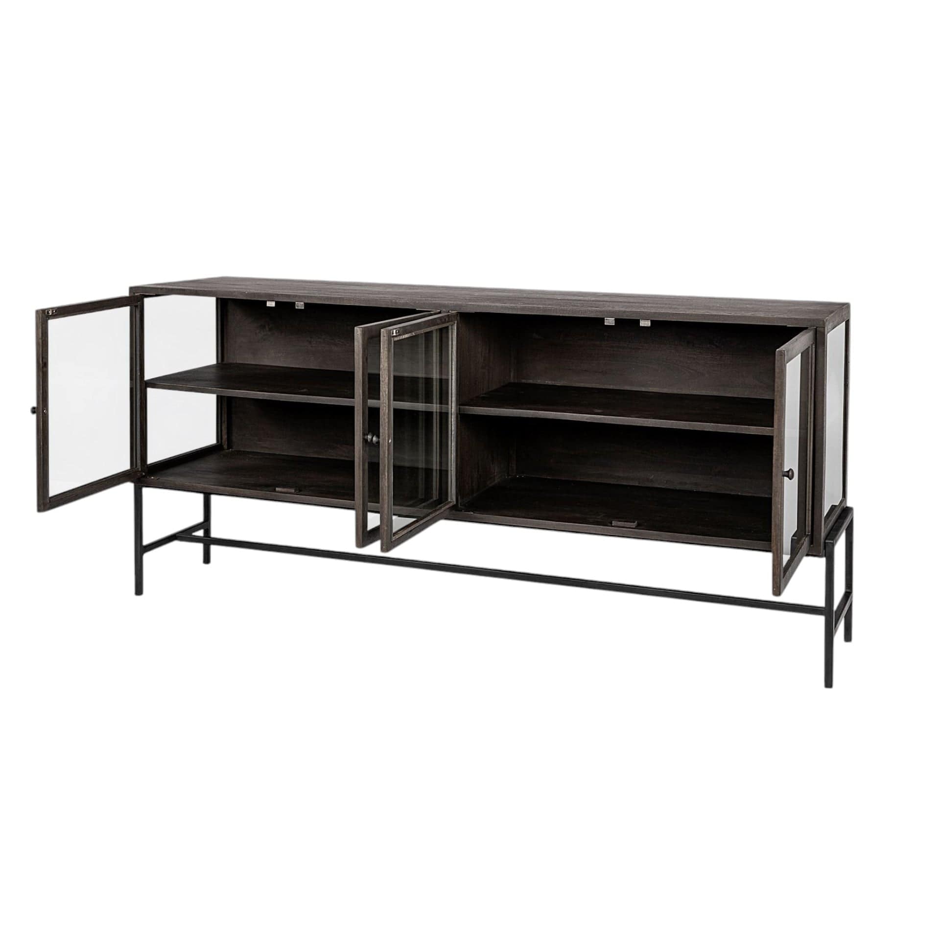Black Solid Mango Wood Finish Sideboard With 4 Glass Cabinet Doors - Homeroots