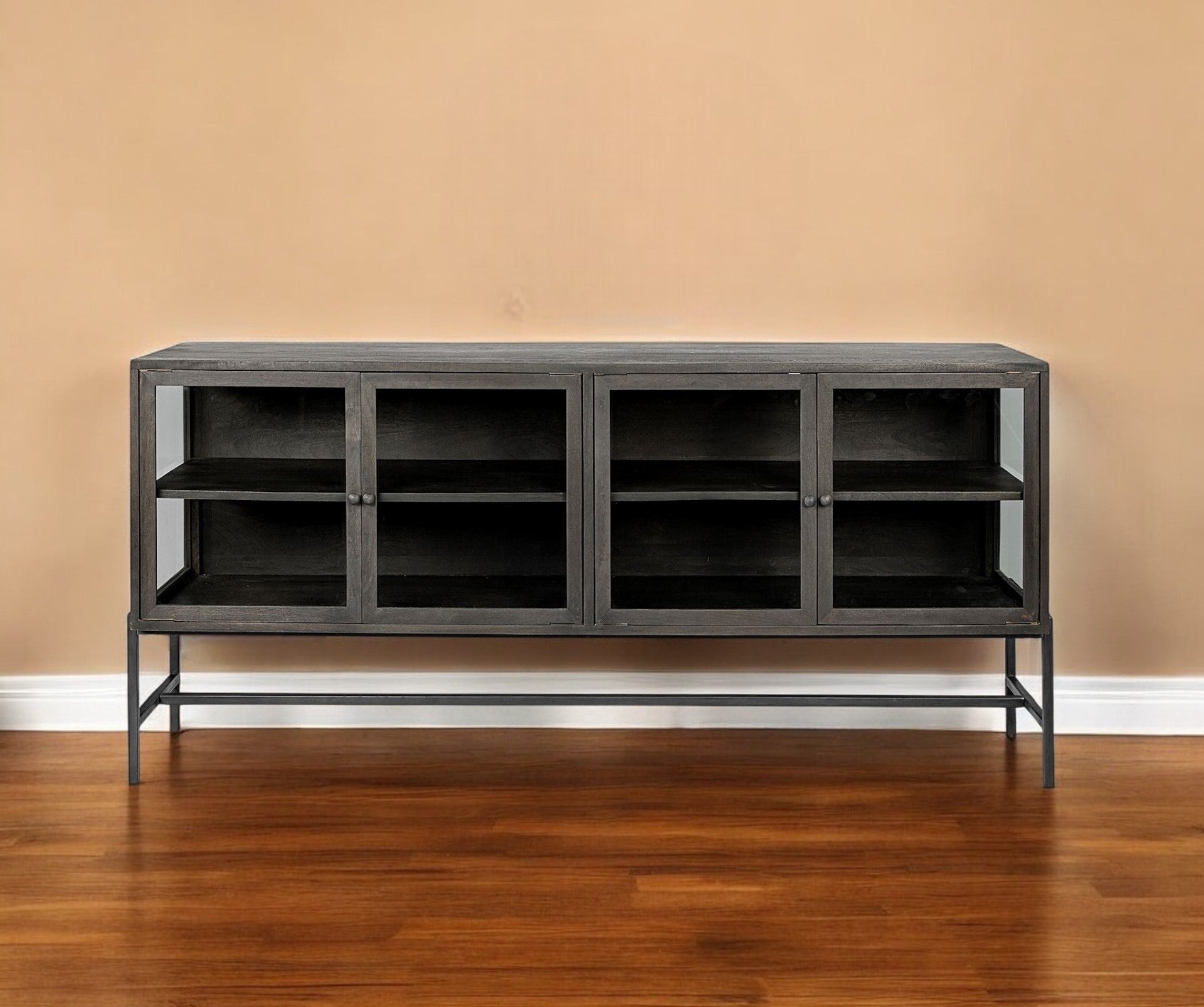 Black Solid Mango Wood Finish Sideboard With 4 Glass Cabinet Doors