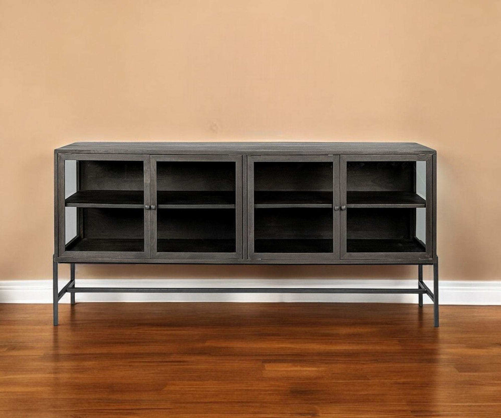 Black Solid Mango Wood Finish Sideboard With 4 Glass Cabinet Doors - Homeroots - Flyclothing LLC