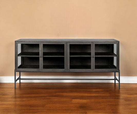 Black Solid Mango Wood Finish Sideboard With 4 Glass Cabinet Doors