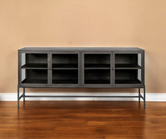 Black Solid Mango Wood Finish Sideboard With 4 Glass Cabinet Doors