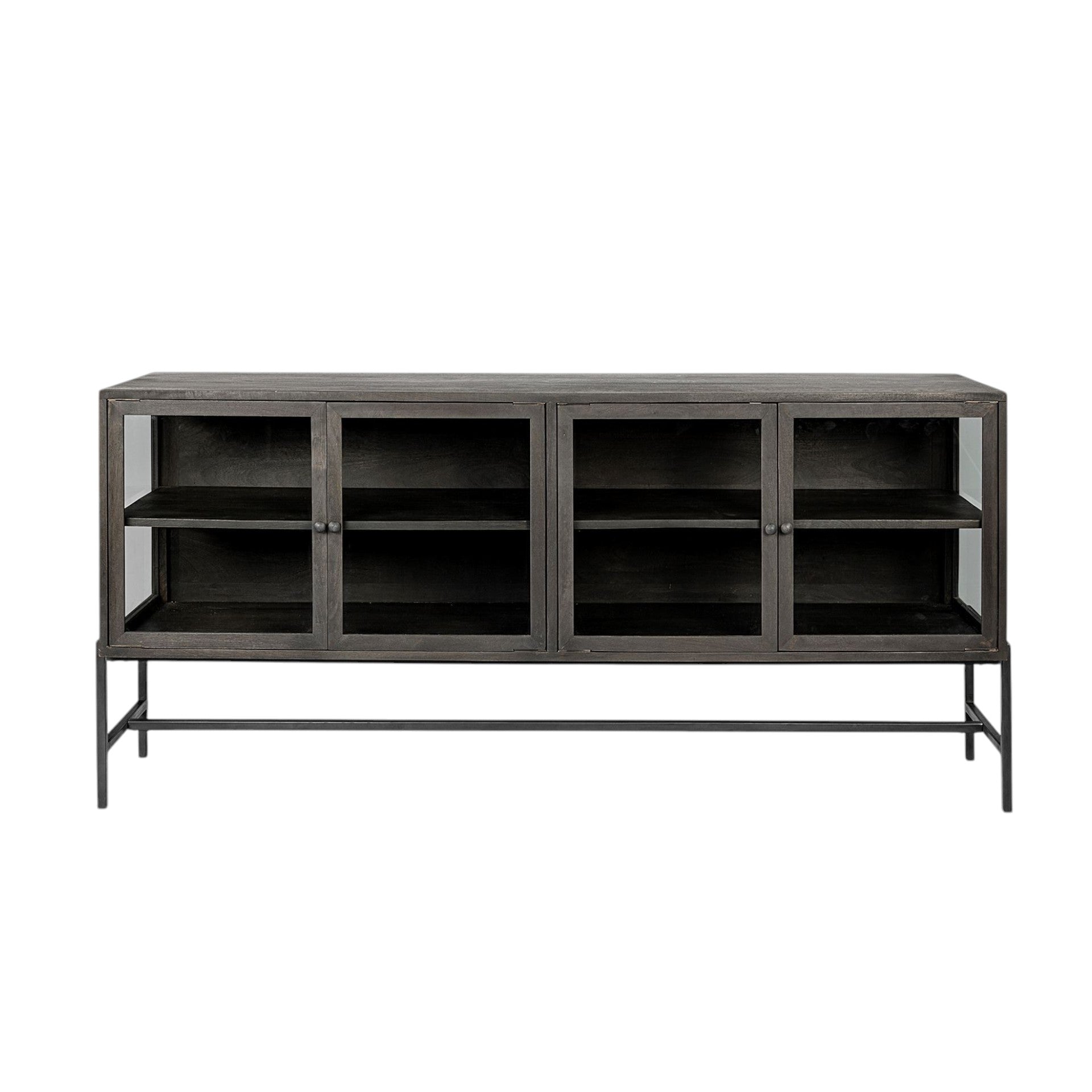 Black Solid Mango Wood Finish Sideboard With 4 Glass Cabinet Doors
