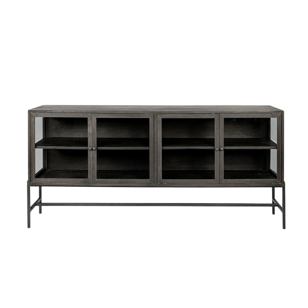 Black Solid Mango Wood Finish Sideboard With 4 Glass Cabinet Doors - Homeroots