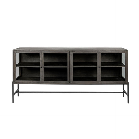 Black Solid Mango Wood Finish Sideboard With 4 Glass Cabinet Doors