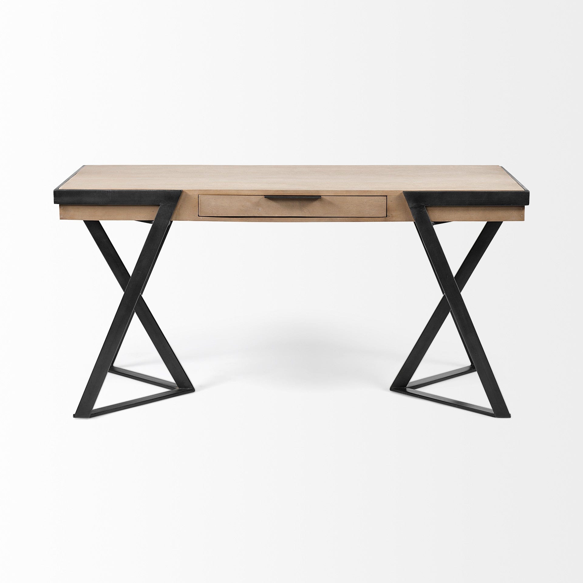 Solid Mango Wood Finish Writing Desk With Single Storage And Black Triangular Iron Legs - Homeroots
