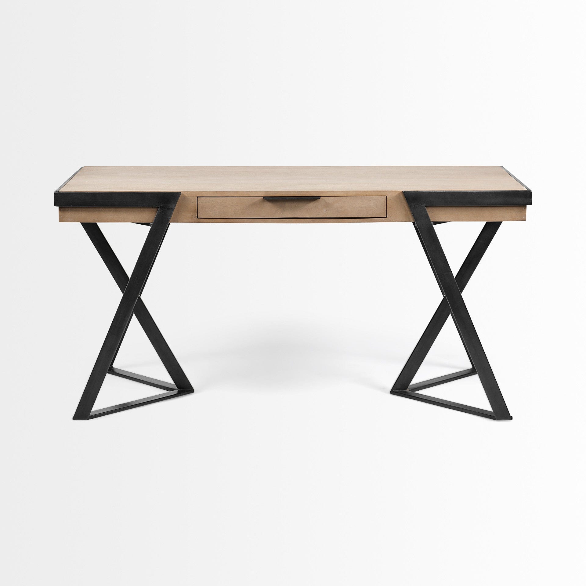 Solid Mango Wood Finish Writing Desk With Single Storage And Black Triangular Iron Legs - Homeroots