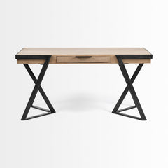 Solid Mango Wood Finish Writing Desk With Single Storage And Black Triangular Iron Legs - Homeroots