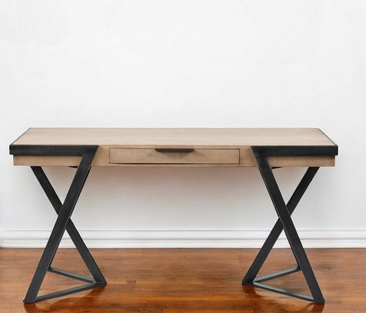 Solid Mango Wood Finish Writing Desk With Single Storage And Black Triangular Iron Legs - Homeroots
