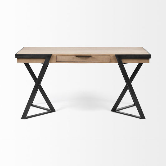 Solid Mango Wood Finish Writing Desk With Single Storage And Black Triangular Iron Legs - Homeroots