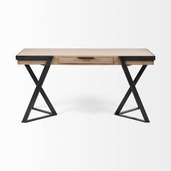 Solid Mango Wood Finish Writing Desk With Single Storage And Black Triangular Iron Legs - Homeroots