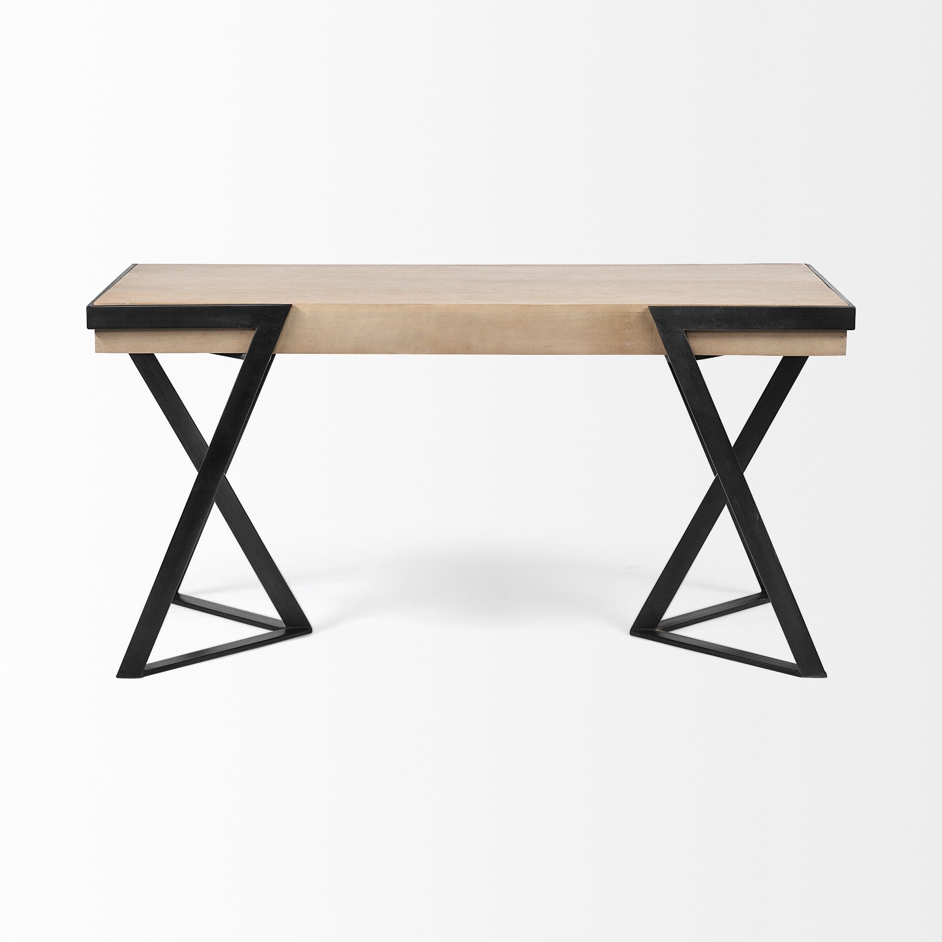 Solid Mango Wood Finish Writing Desk With Single Storage And Black Triangular Iron Legs - Homeroots