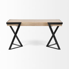 Solid Mango Wood Finish Writing Desk With Single Storage And Black Triangular Iron Legs - Homeroots