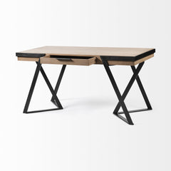 Solid Mango Wood Finish Writing Desk With Single Storage And Black Triangular Iron Legs - Homeroots