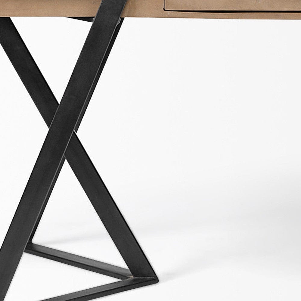 Solid Mango Wood Finish Writing Desk With Single Storage And Black Triangular Iron Legs - Homeroots