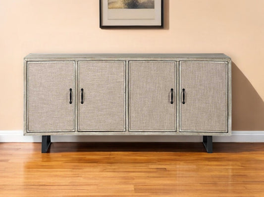 Light Brown Solid Wood  Sideboard With 4 Fabric Covered Cabinet Doors