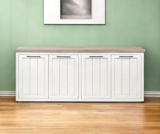 Brown Solid Mango Wood Top & White Frame Sideboard With 4 Cabinet Doors
