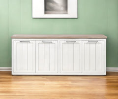 Brown Solid Mango Wood Top & White Frame Sideboard With 4 Cabinet Doors
