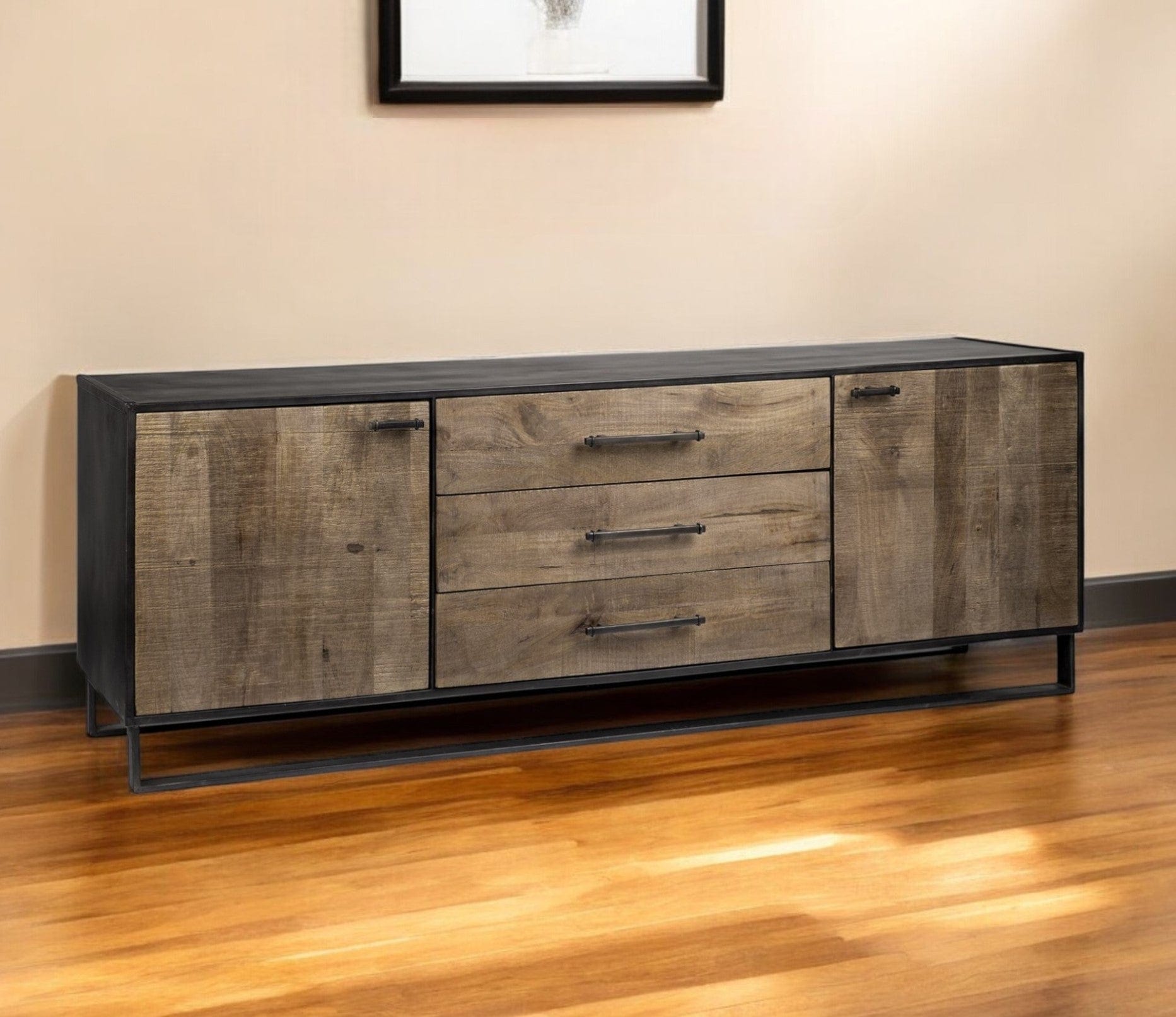 Brown Solid Mango Wood Finish Sideboard With 3 Drawers And 2 Cabinet Doors - Homeroots