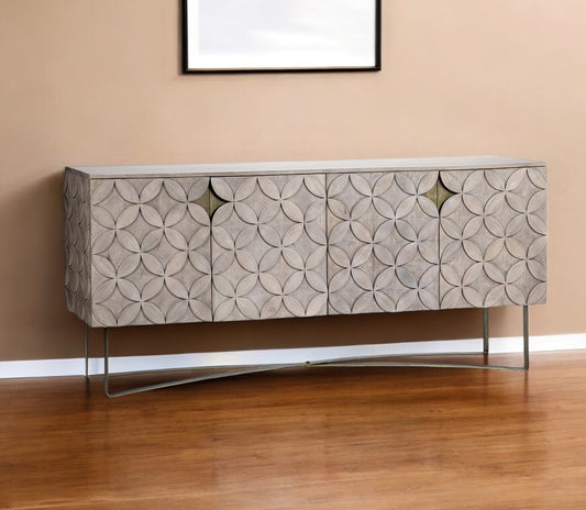 Light Brown Solid Mango Wood Finish Sideboard With 4 Cabinet Doors
