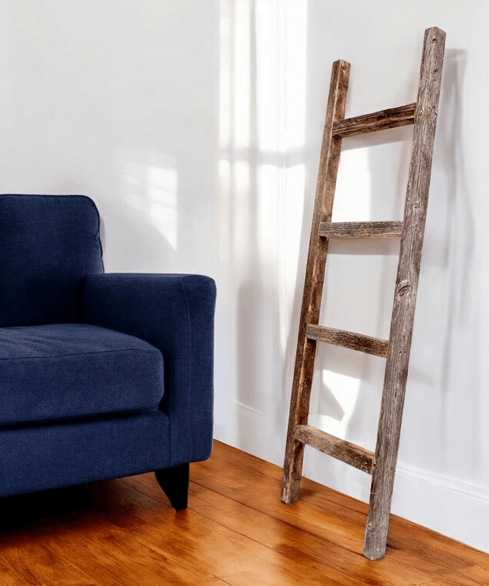 48" Gray Rustic Four Step Wood Ladder Shelf - Homeroots