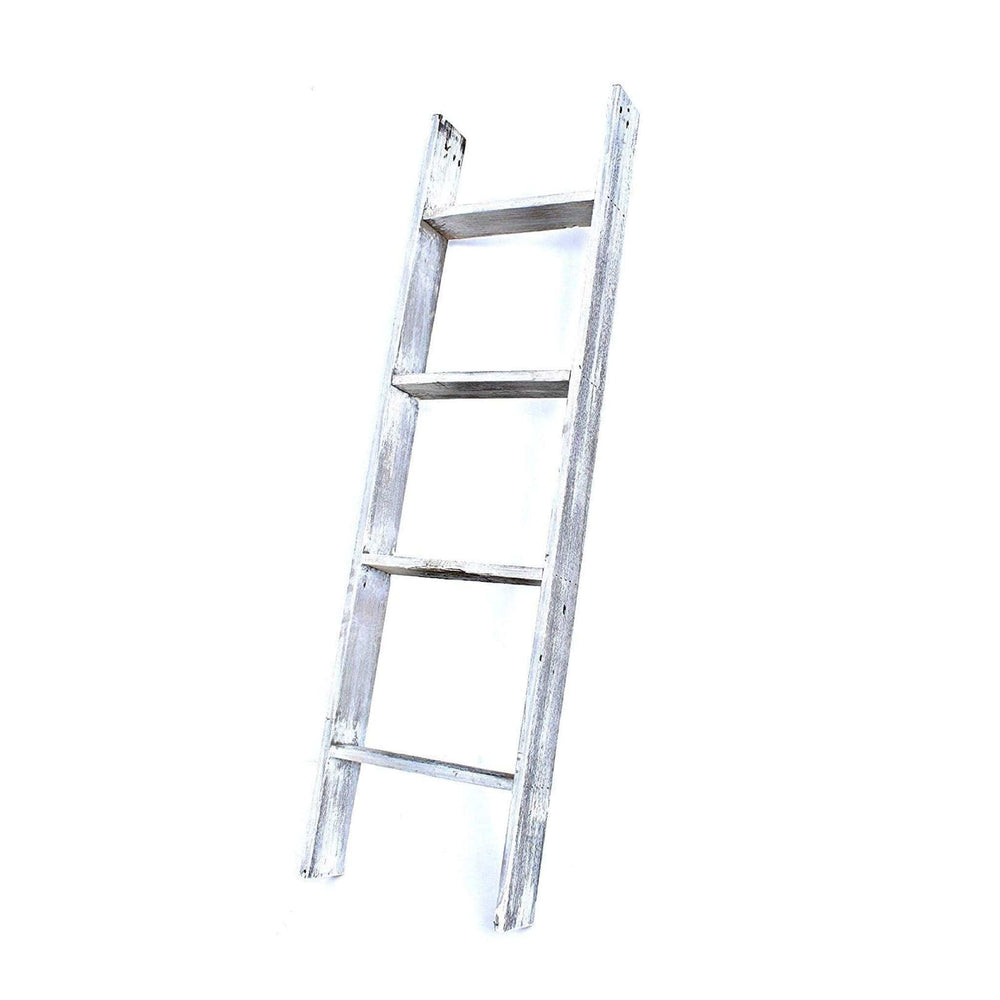 49" Whitewash Rustic Four Step Wood Ladder Shelf - Homeroots - Flyclothing LLC