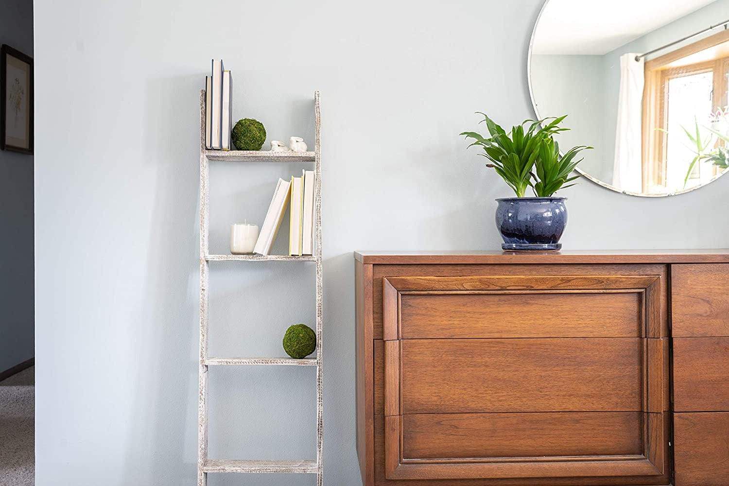 49" Whitewash Rustic Four Step Wood Ladder Shelf - Homeroots - Flyclothing LLC