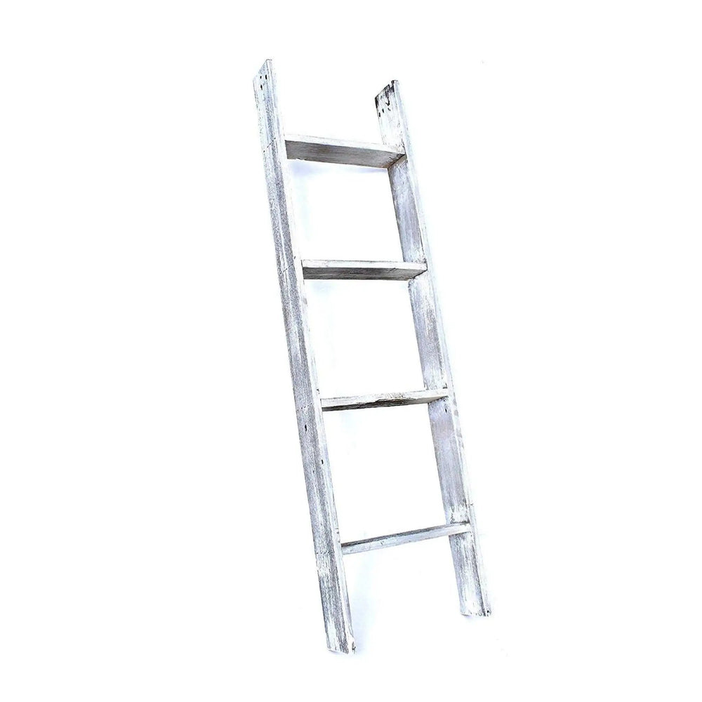 49" Whitewash Rustic Four Step Wood Ladder Shelf - Homeroots - Flyclothing LLC