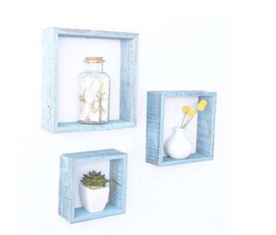 Set Of 3 Square Robins Egg Blue Reclaimed Wood Open Box Shelve - Homeroots - Flyclothing LLC