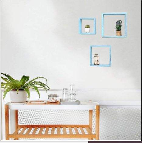 Set Of 3 Square Robins Egg Blue Reclaimed Wood Open Box Shelve - Homeroots - Flyclothing LLC
