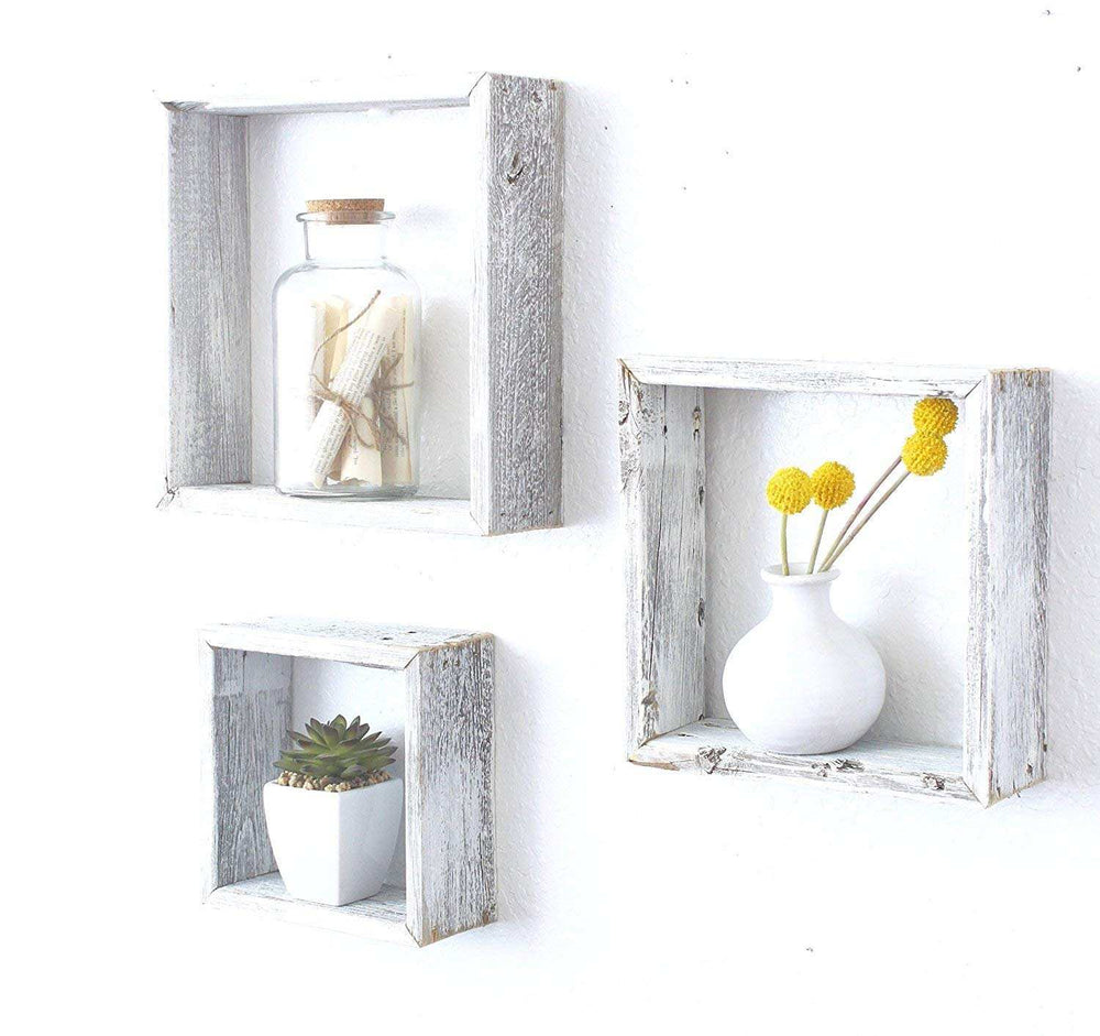 Set Of 3 Square Rustic White Wash Wood Open Box Shelve - Homeroots - Flyclothing LLC