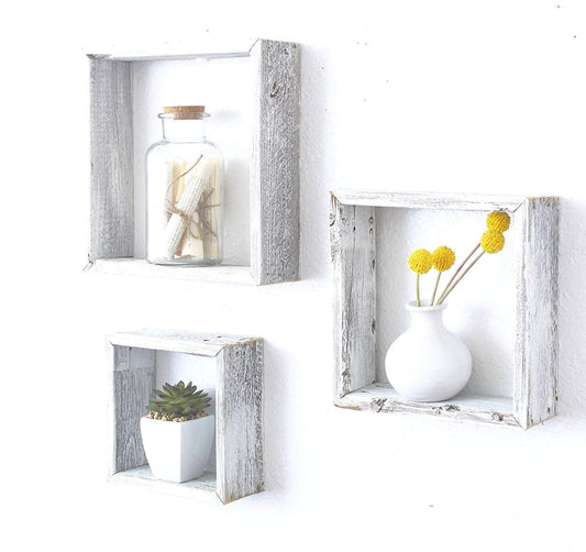 Set Of 3 Square Rustic White Wash Wood Open Box Shelve - Homeroots
