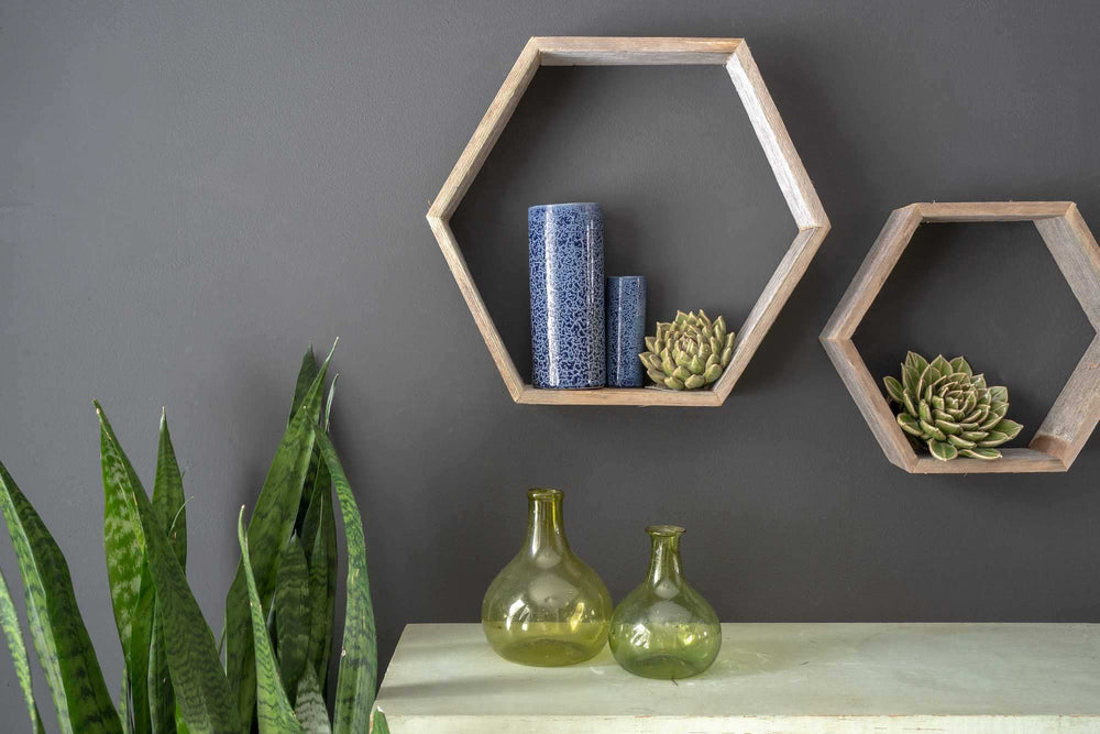 Set Of 3 Hexagon Rustic Natural Weathered Grey Wood Open Box Shelve - Homeroots - Flyclothing LLC