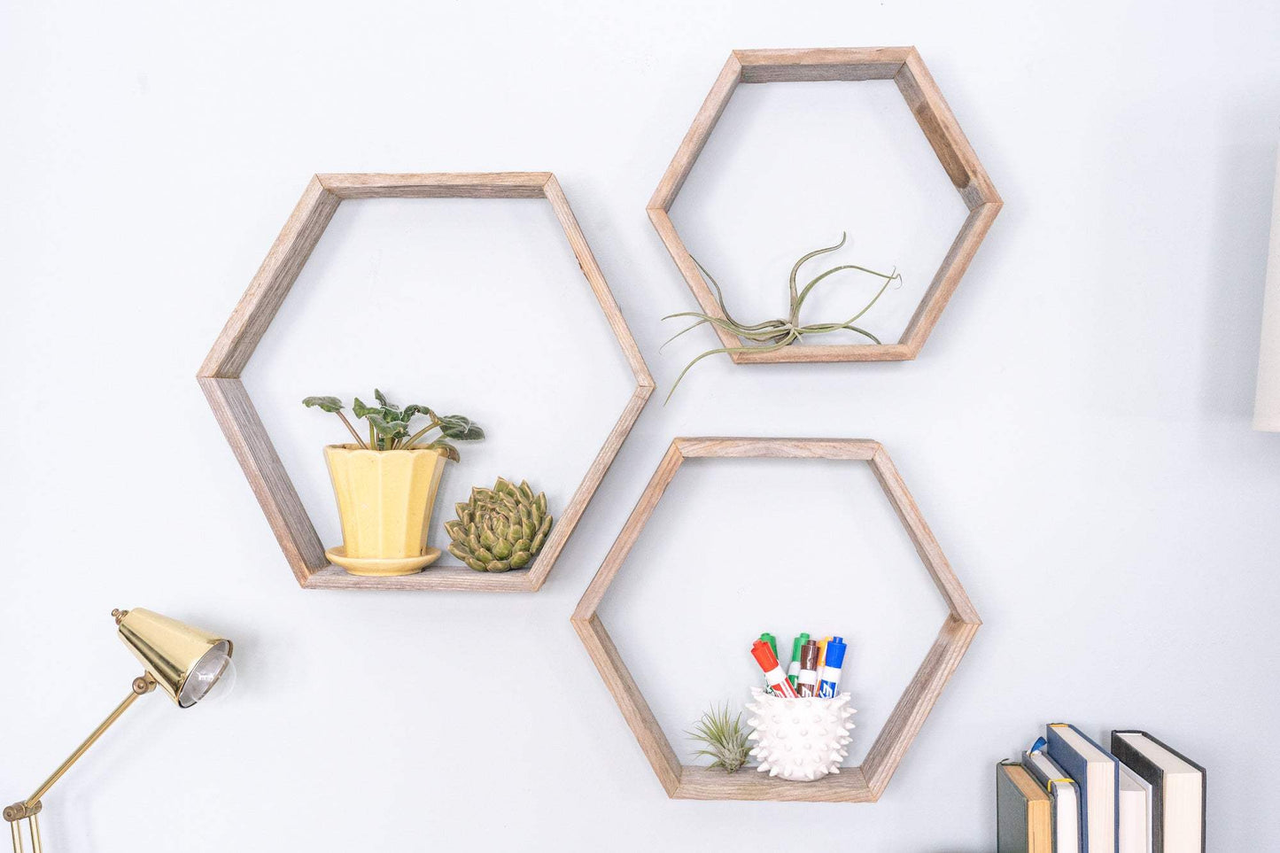Set Of 3 Hexagon Rustic Natural Weathered Grey Wood Open Box Shelve - Homeroots - Flyclothing LLC