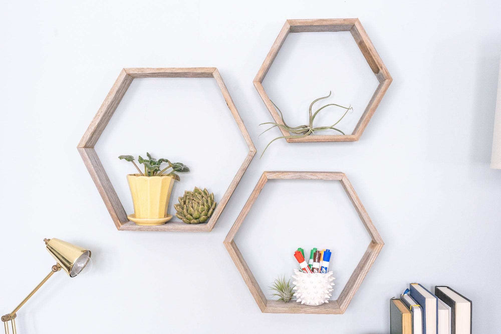 Set Of 3 Hexagon Rustic Natural Weathered Grey Wood Open Box Shelve - Homeroots - Flyclothing LLC