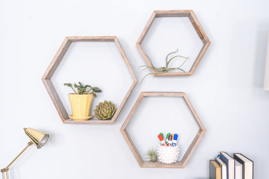 Set Of 3 Hexagon Rustic Natural Weathered Grey Wood Open Box Shelve - Homeroots