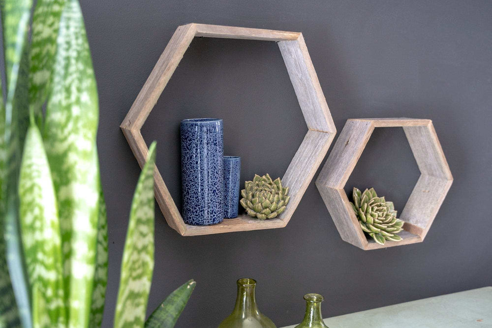 Set Of 3 Hexagon Rustic Natural Weathered Grey Wood Open Box Shelve - Homeroots - Flyclothing LLC
