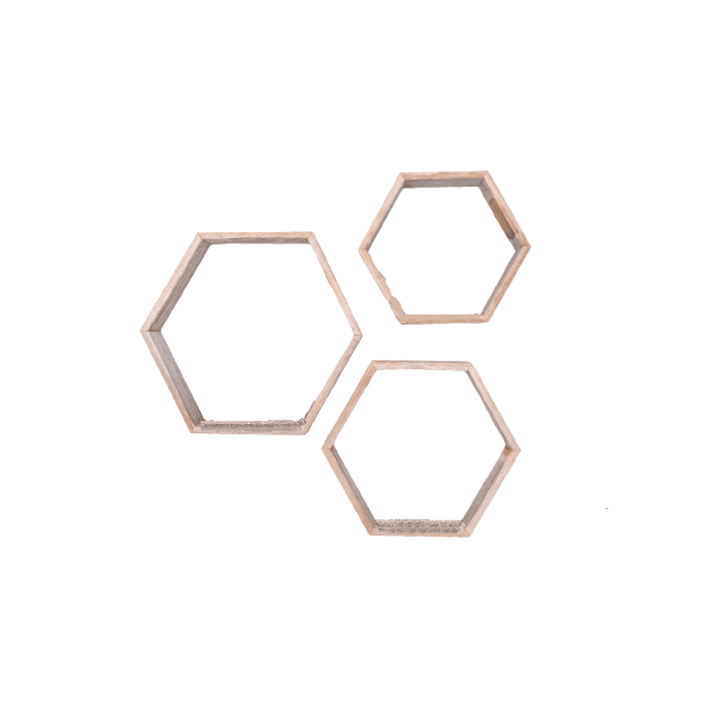 Set Of 3 Hexagon Rustic Natural Weathered Grey Wood Open Box Shelve - Homeroots - Flyclothing LLC