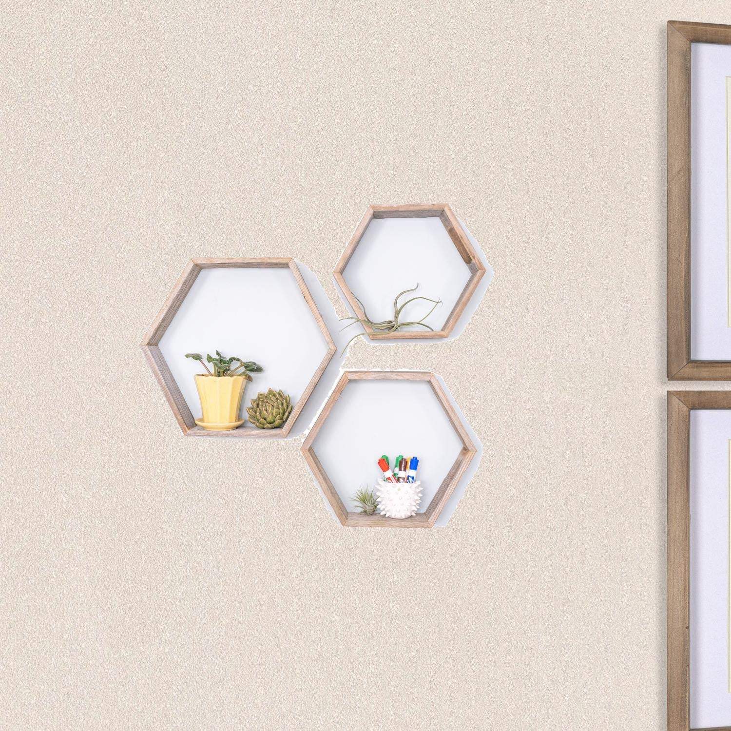 Set Of 3 Hexagon Rustic Natural Weathered Grey Wood Open Box Shelve - Homeroots - Flyclothing LLC