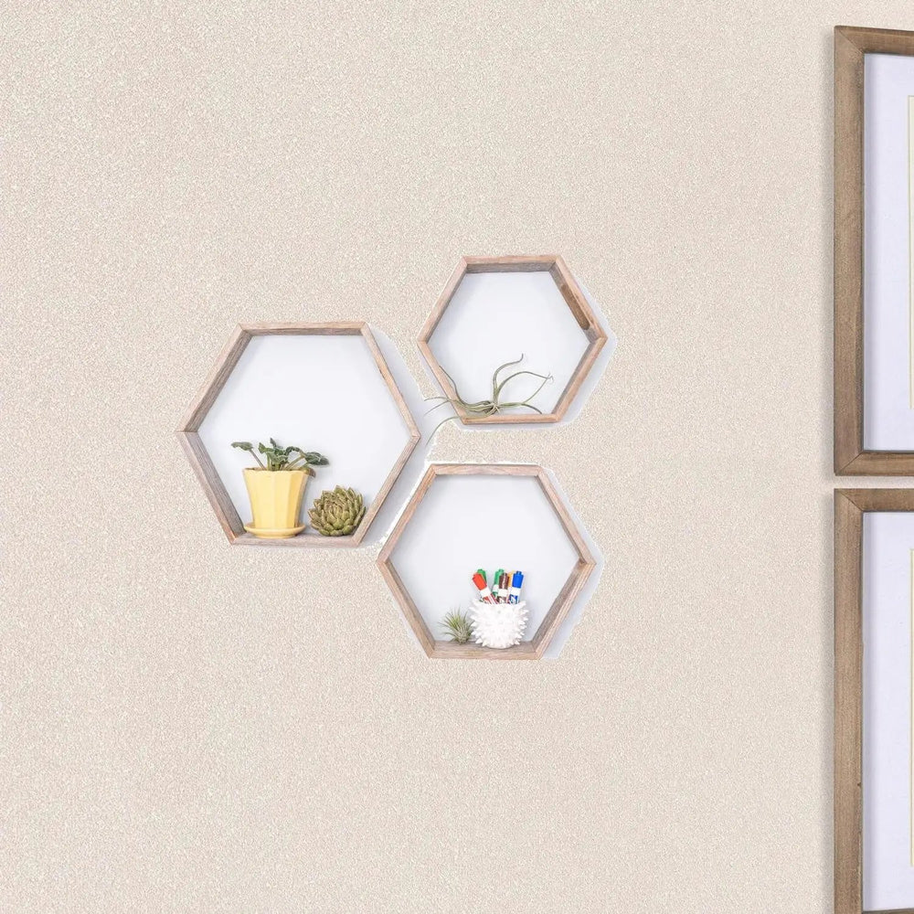 Set Of 3 Hexagon Rustic Natural Weathered Grey Wood Open Box Shelve - Homeroots