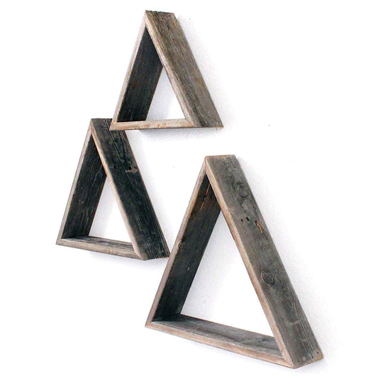 Set Of 3 Triangle Rustic Natural Weathered Grey Wood Open Box Shelve - Homeroots