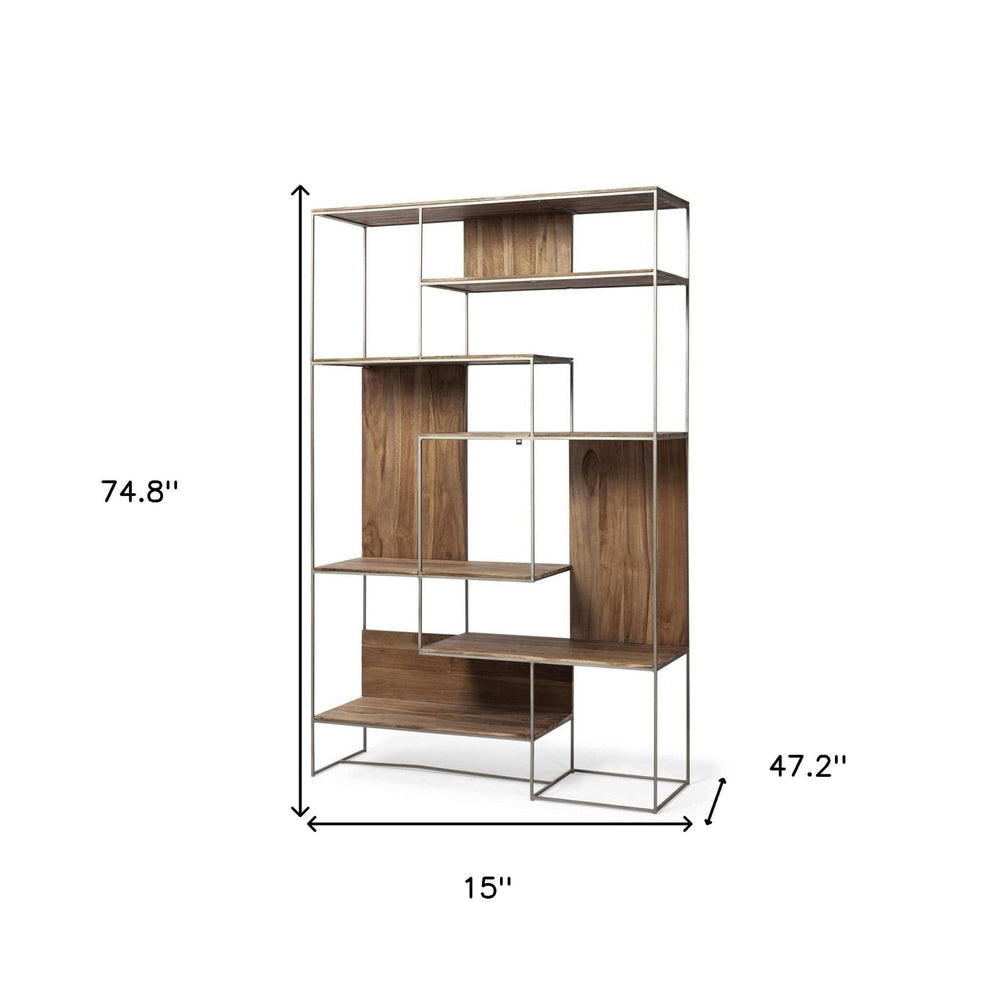 Brown Wood And Silver Metal Frame With 6 Shelf Shelving Unit - Homeroots - Flyclothing LLC