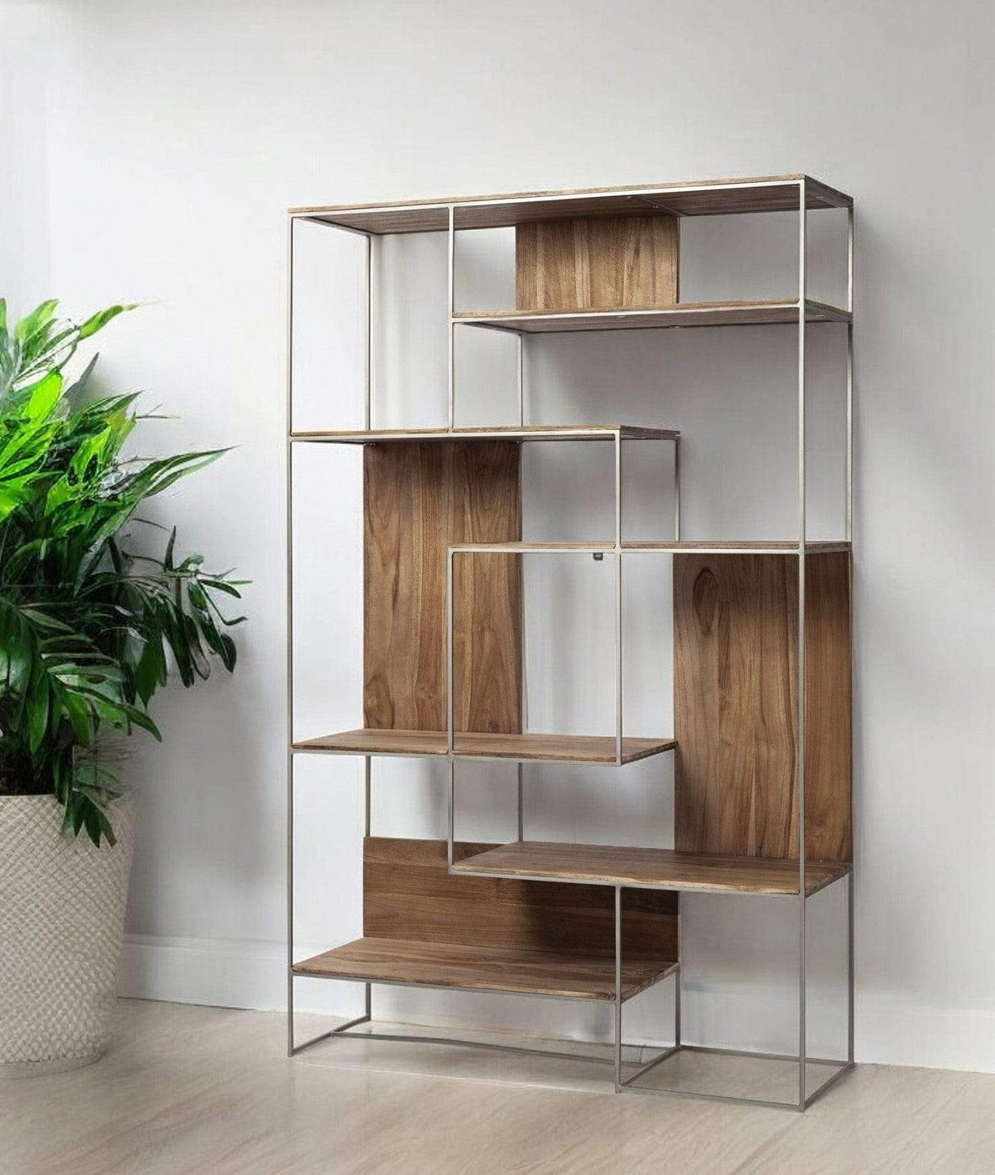 Brown Wood And Silver Metal Frame With 6 Shelf Shelving Unit - Homeroots - Flyclothing LLC