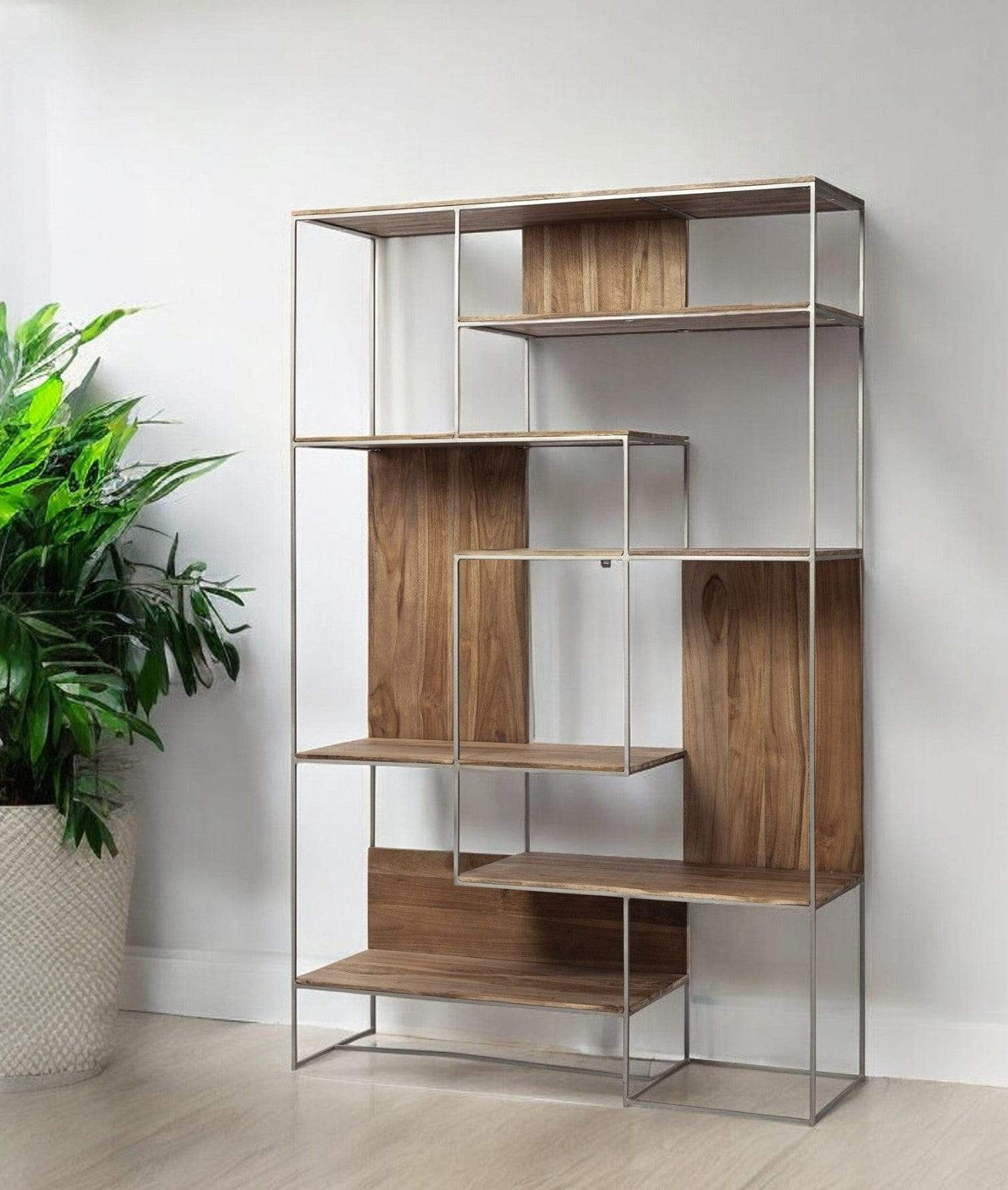 Brown Wood And Silver Metal Frame With 6 Shelf Shelving Unit - Homeroots - Flyclothing LLC