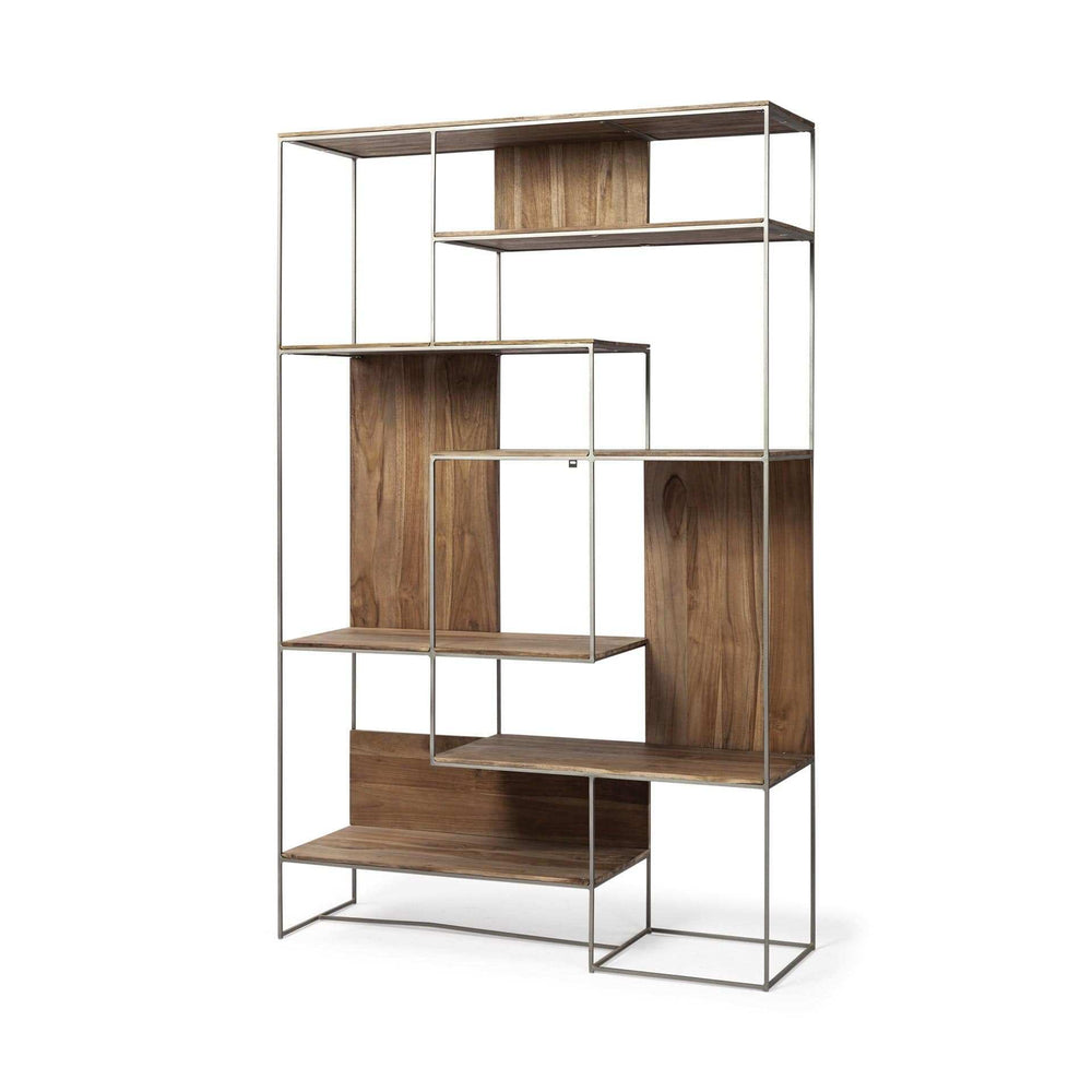 Brown Wood And Silver Metal Frame With 6 Shelf Shelving Unit - Homeroots - Flyclothing LLC